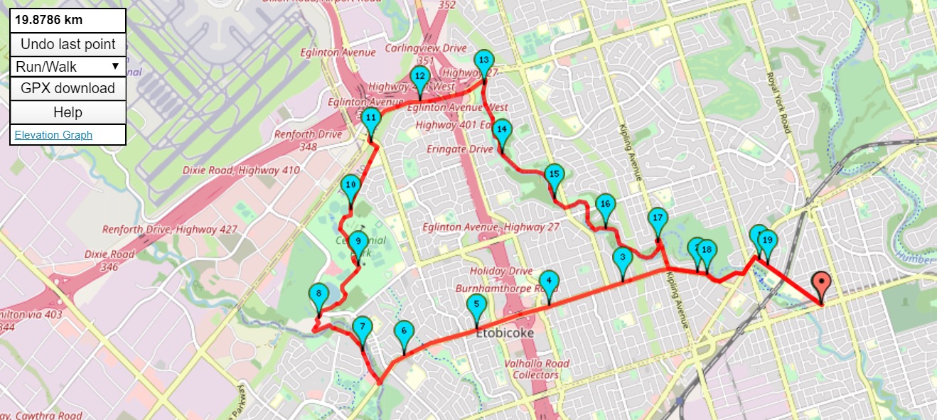 Etobicoke Creek Trail 19.9 km route map